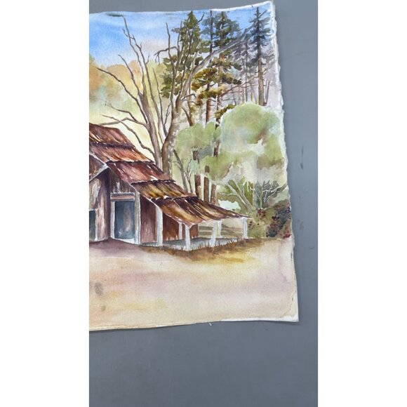Watercolor Artwork Of Rustic Barn & Trees Farm landscape brown On Textured Paper - Picture 2 of 5